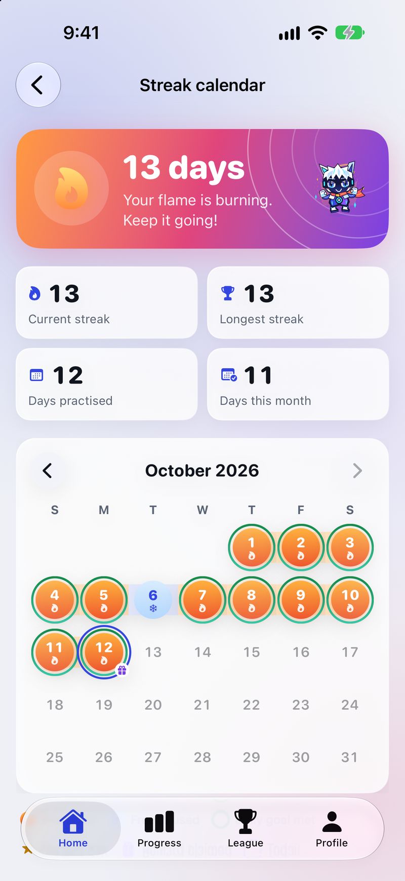 Echo's streak calendar: a 13-day streak, longest streak, days practised this month and October with one frozen day