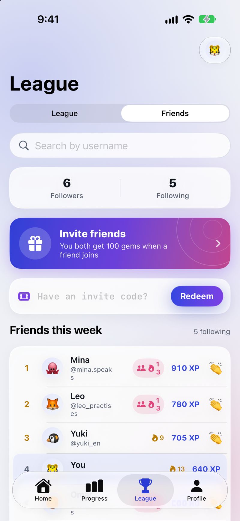 The Friends tab: 6 followers, 5 following, an invite card and this week's friends table with cheers