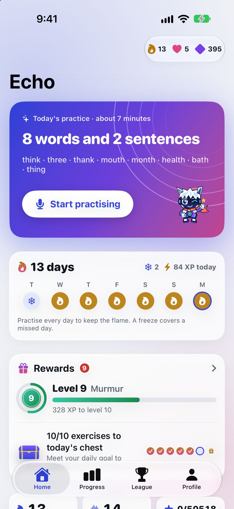 Echo home screen with today's practice, the streak week and rewards