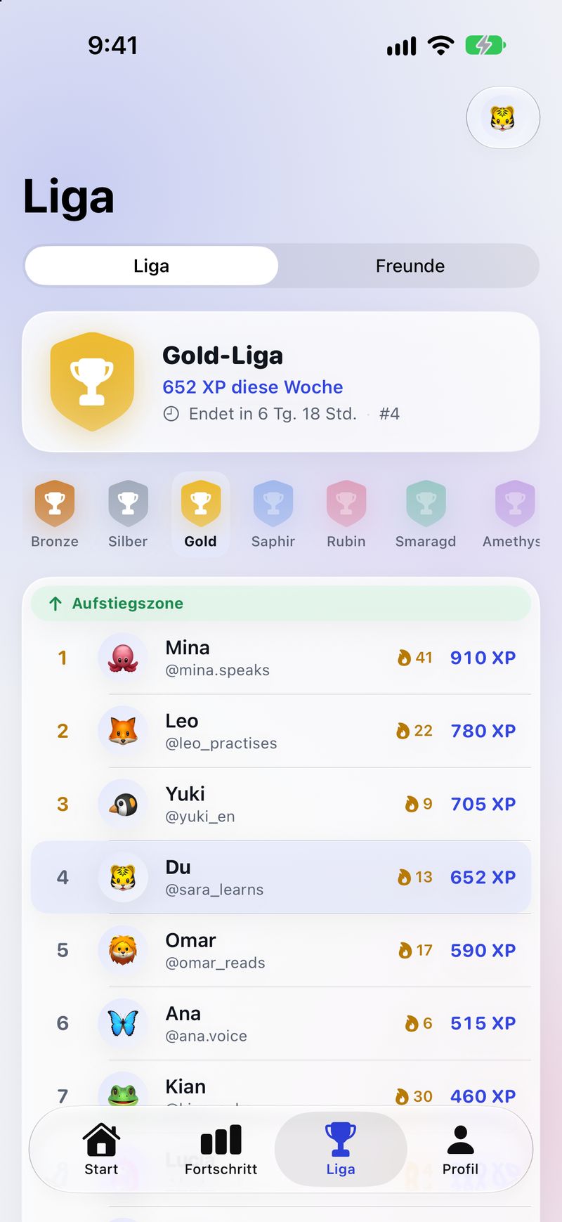 The League tab in German with the Gold league table