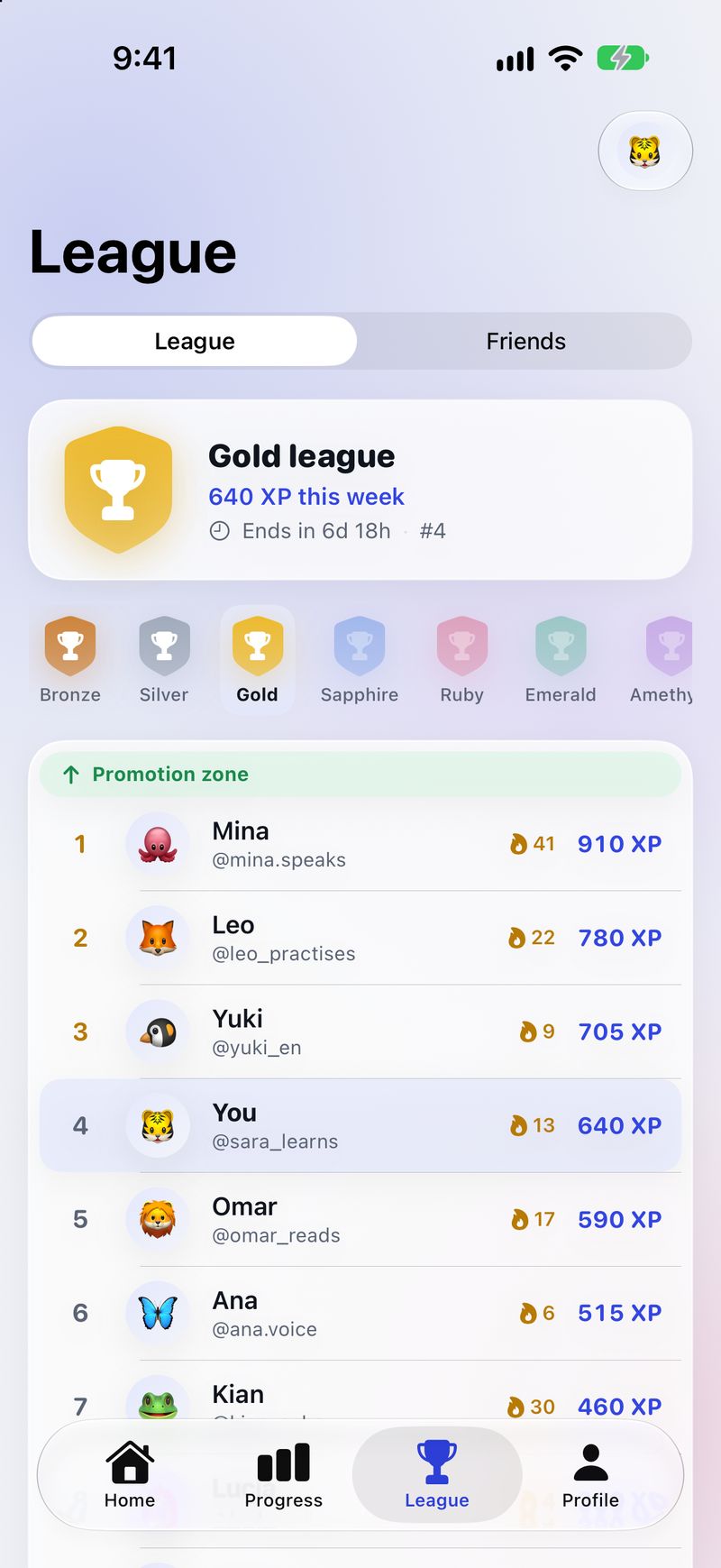 The League tab: Gold league with XP this week, the ten league tiers and the promotion zone