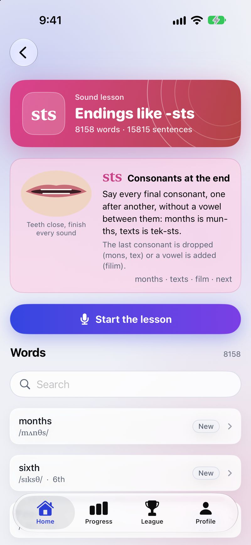 The consonant-endings lesson for words like months and texts, with 8,158 words and 15,816 sentences