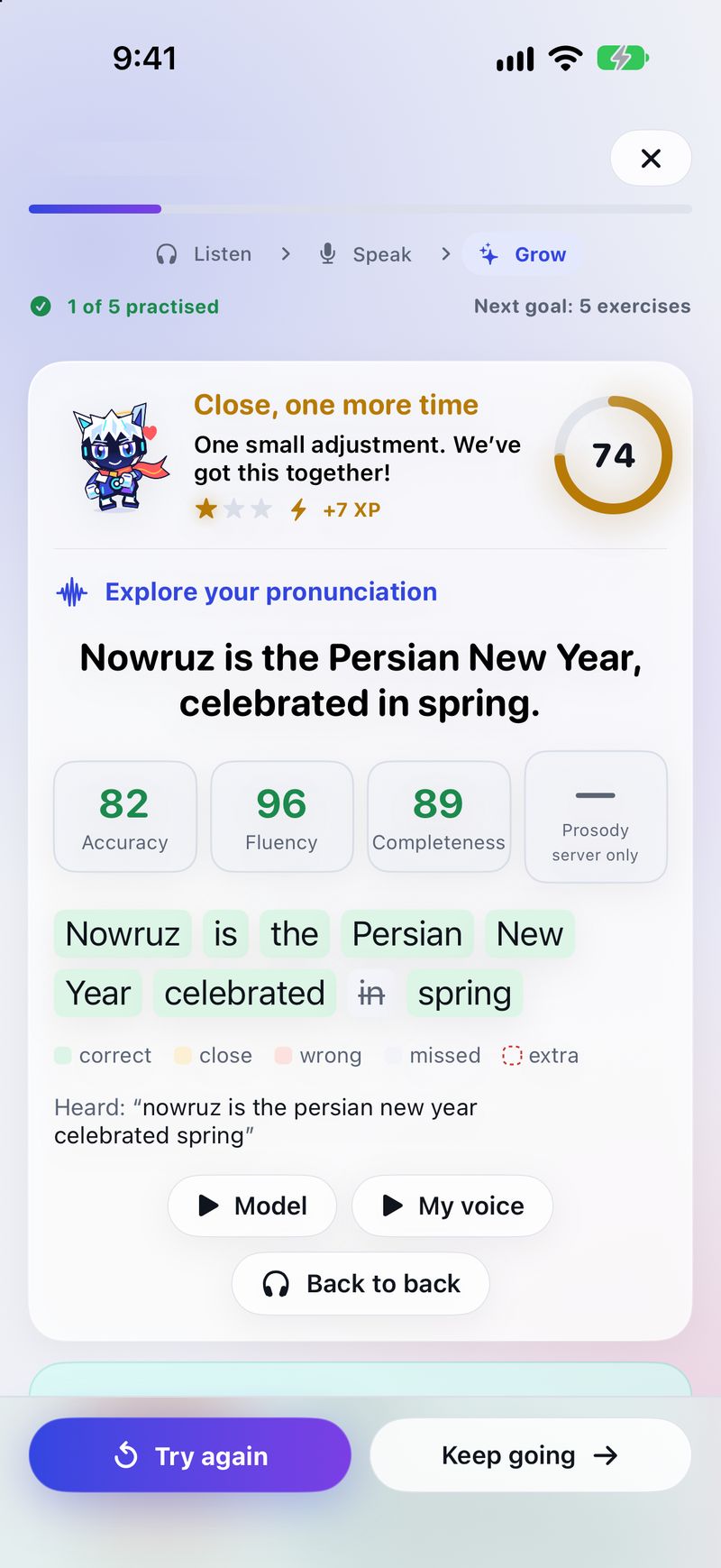 Echo scoring the sentence "Nowruz is the Persian New Year, celebrated in spring" with 74 overall, 82 accuracy, 96 fluency and words colored by result