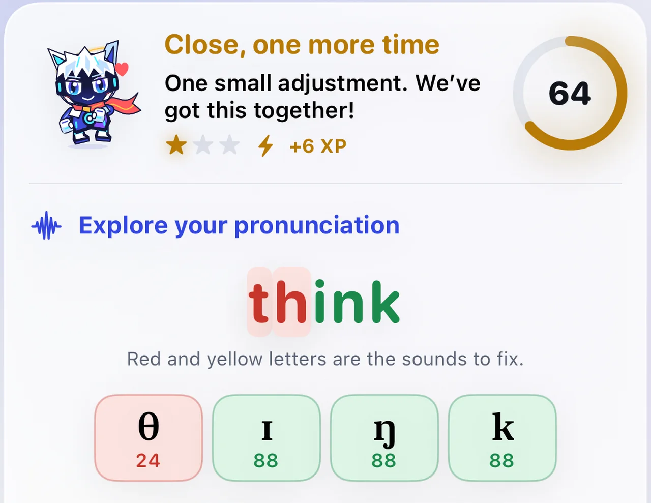 Echo result for the word think: overall 64, the letters th in red with the θ sound scored 24 while ɪ, ŋ and k scored 88
