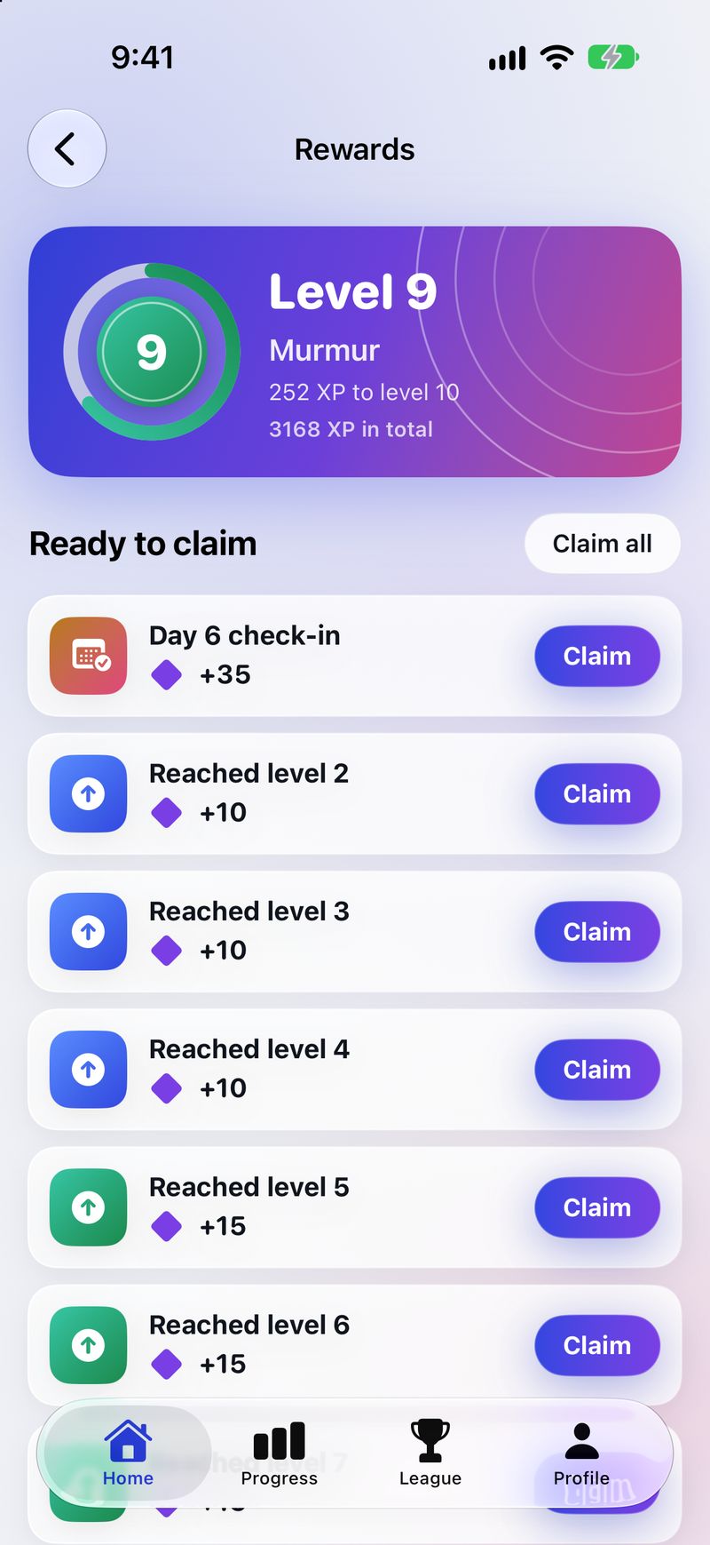 The Rewards screen: level 9 with XP to the next level and rewards ready to claim